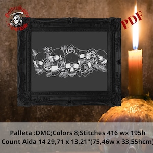 Negative - Skulls and Roses , Gothic Cross Stitch Pattern For Black Fabric  -  Easy , Modern