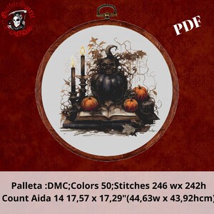 Spooky Halloween Skull and Pumpkins , Cross Stitch Pattern For Black Fabric  -  Easy , Modern