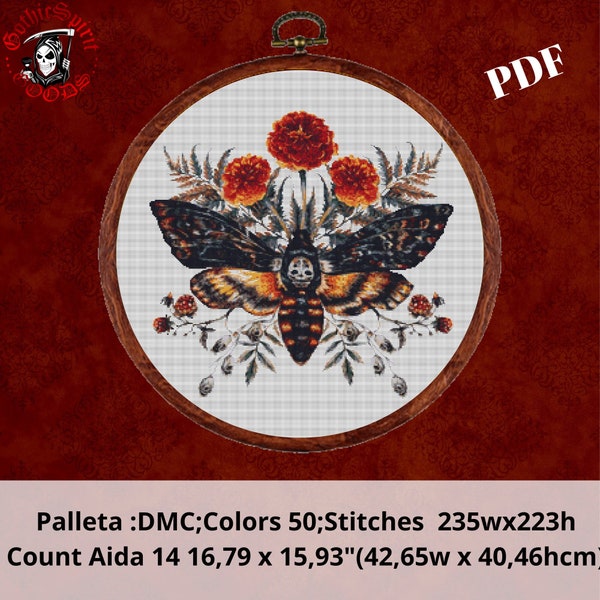 Moth and Flowers, Halloween Cross Stitch, Gothic Cross Stitch Pattern For Black Fabric  -  Easy , Modern