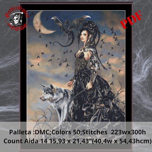 Woman,Wolf,Dragon and Ravens Cross Stitch Pattern For Black Fabric  -  Easy , Modern