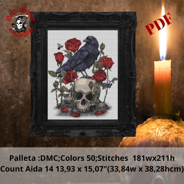 Raven , Skull with Roses Gothic Cross Stitch Pattern For Black Fabric  -  Easy , Modern