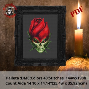 Skull Rose Gothic Cross Stitch Pattern For Black Fabric  -  Easy , Modern