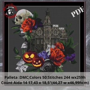 Haunted House, Skull and Flowers Cross Stitch Pattern For Black Fabric  -  Easy , Modern