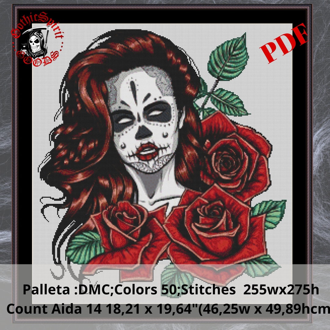 Sugar Skull and Roses ,the Day of Dead Gothic Cross Stitch Pattern for ...