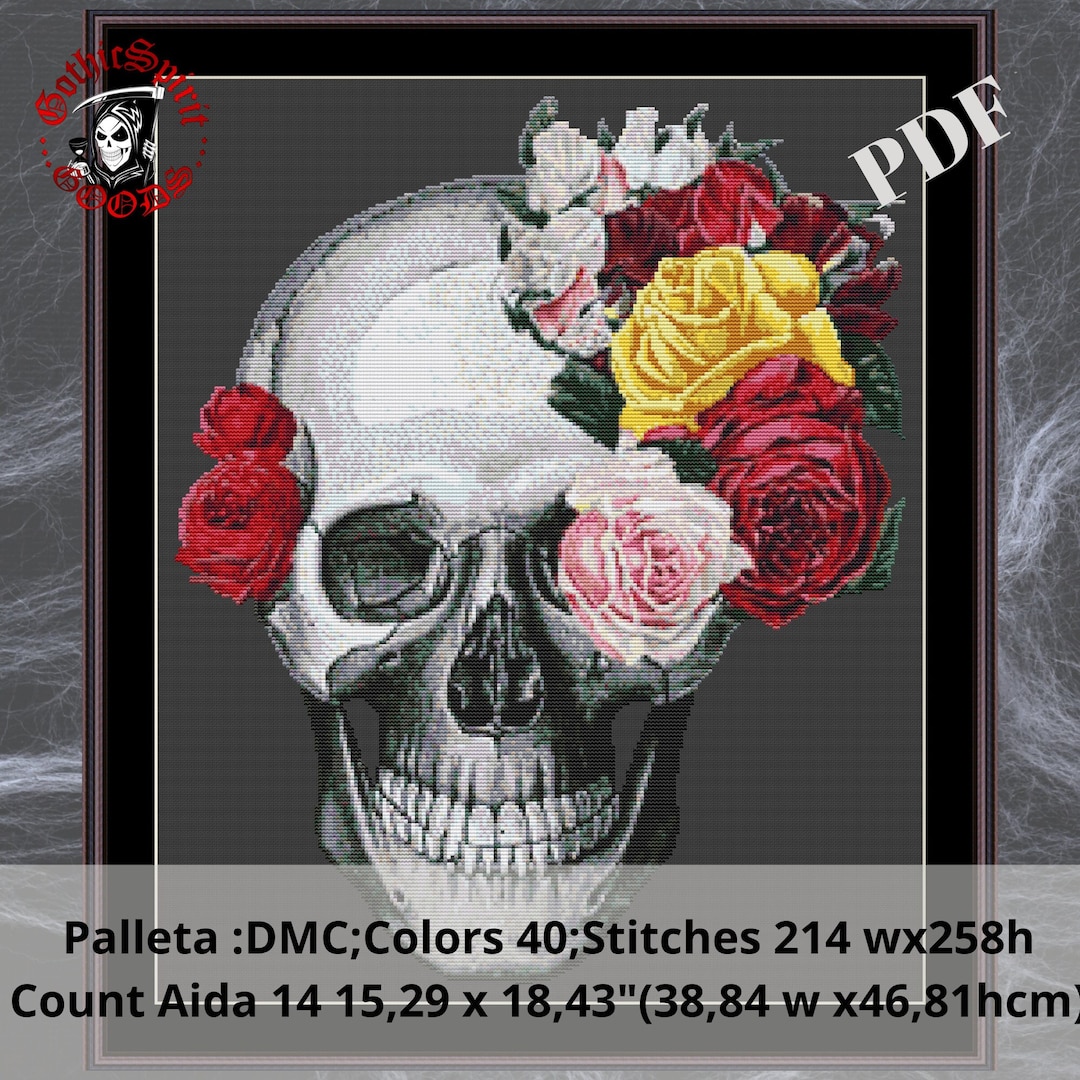 Skull, Raven and Roses , Gothic Cross Stitch Pattern for Black Fabric ...