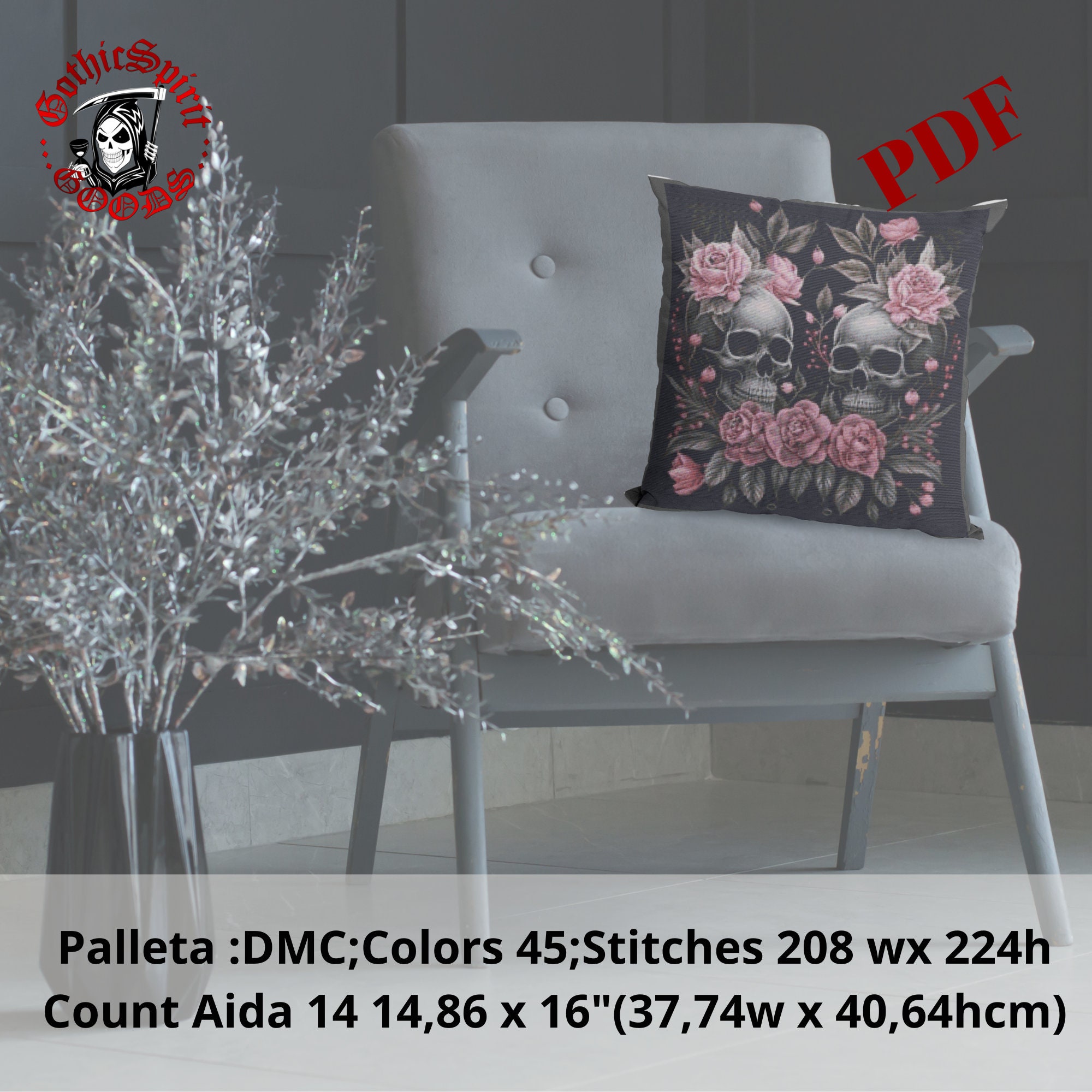 Gothic Skulls With Pink Roses , Gothic Cross Stitch Pattern for Black ...
