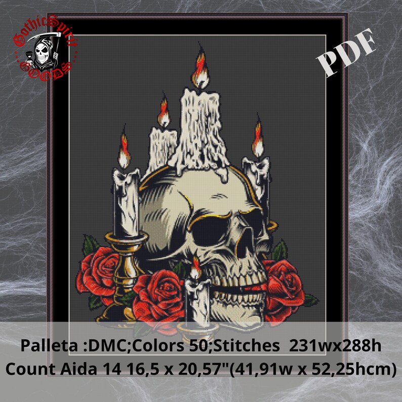 Skull,candles and Roses Gothic Cross Stitch Pattern for Black Fabric ...