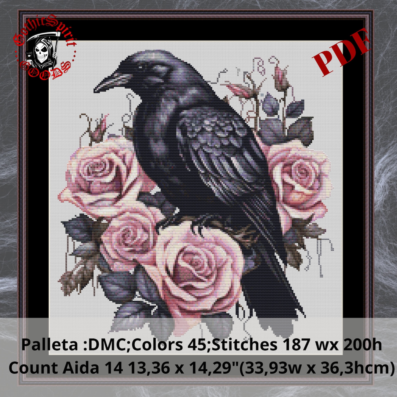 Gothic Raven With Pink Roses , Gothic Cross Stitch Pattern for Black ...