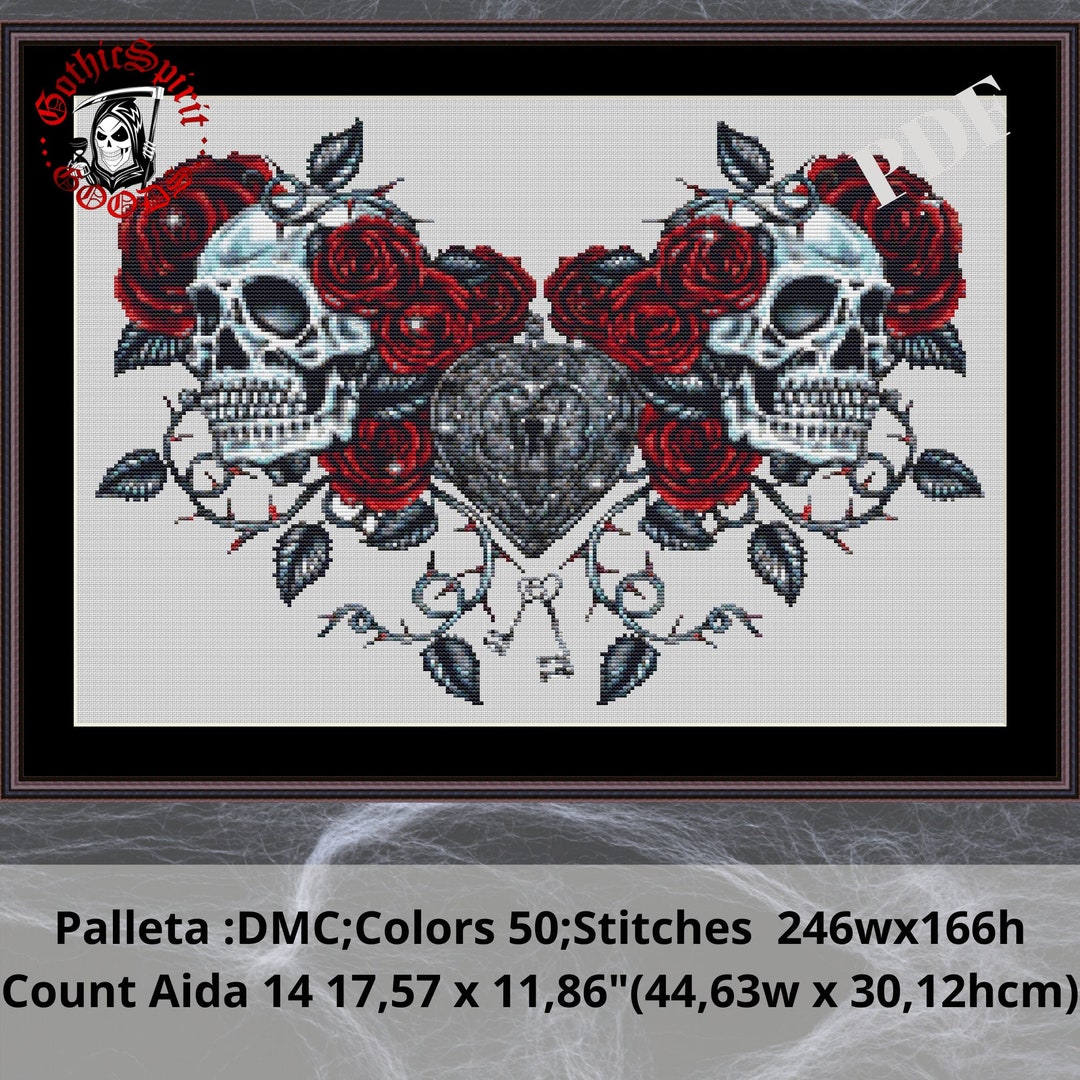 Skulls With Roses Gothic Cross Stitch Pattern for Black Fabric - Easy ...