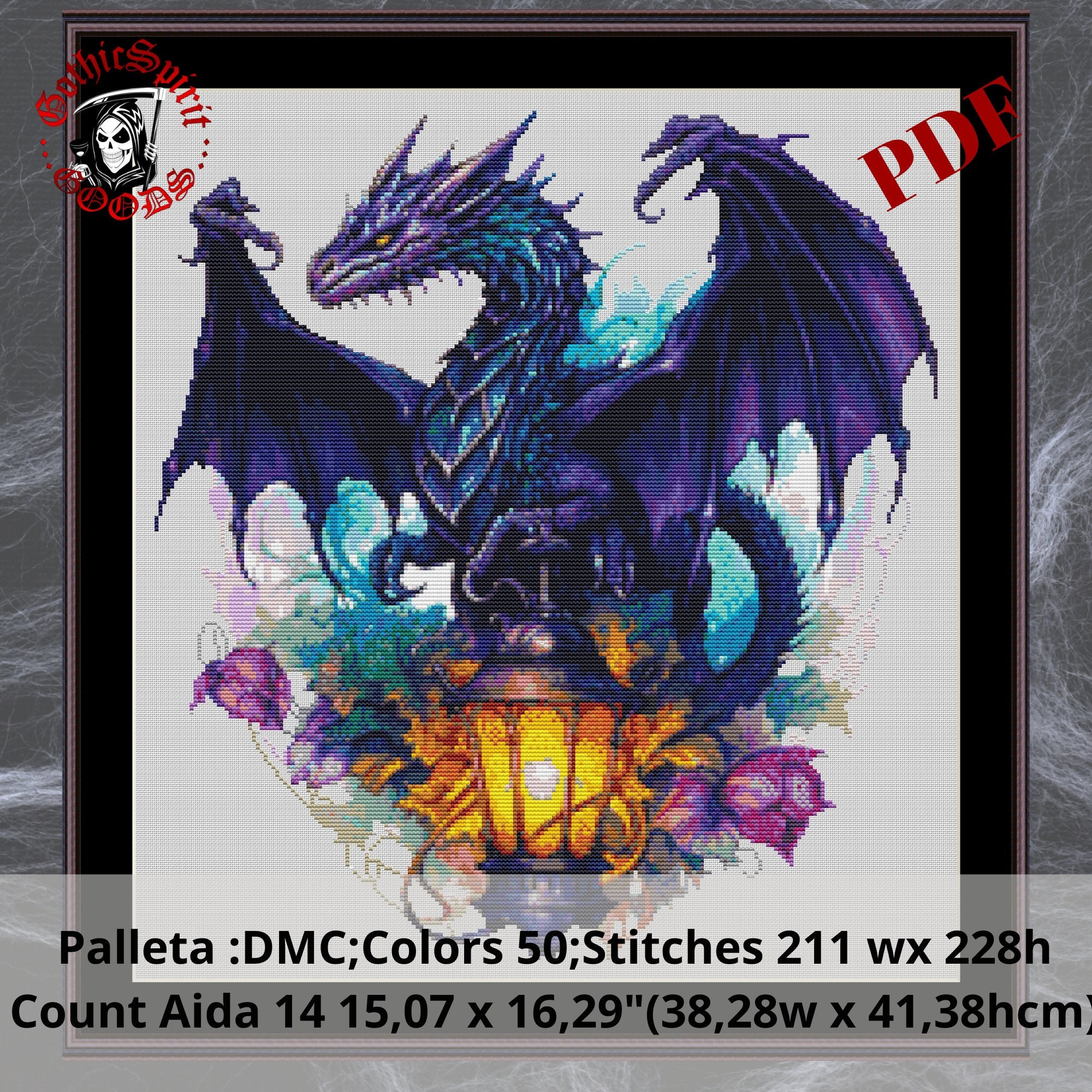 Gothic Fantasy Dragon 1, Gothic Cross Stitch Pattern For Black Fabric  -  Easy , Modern