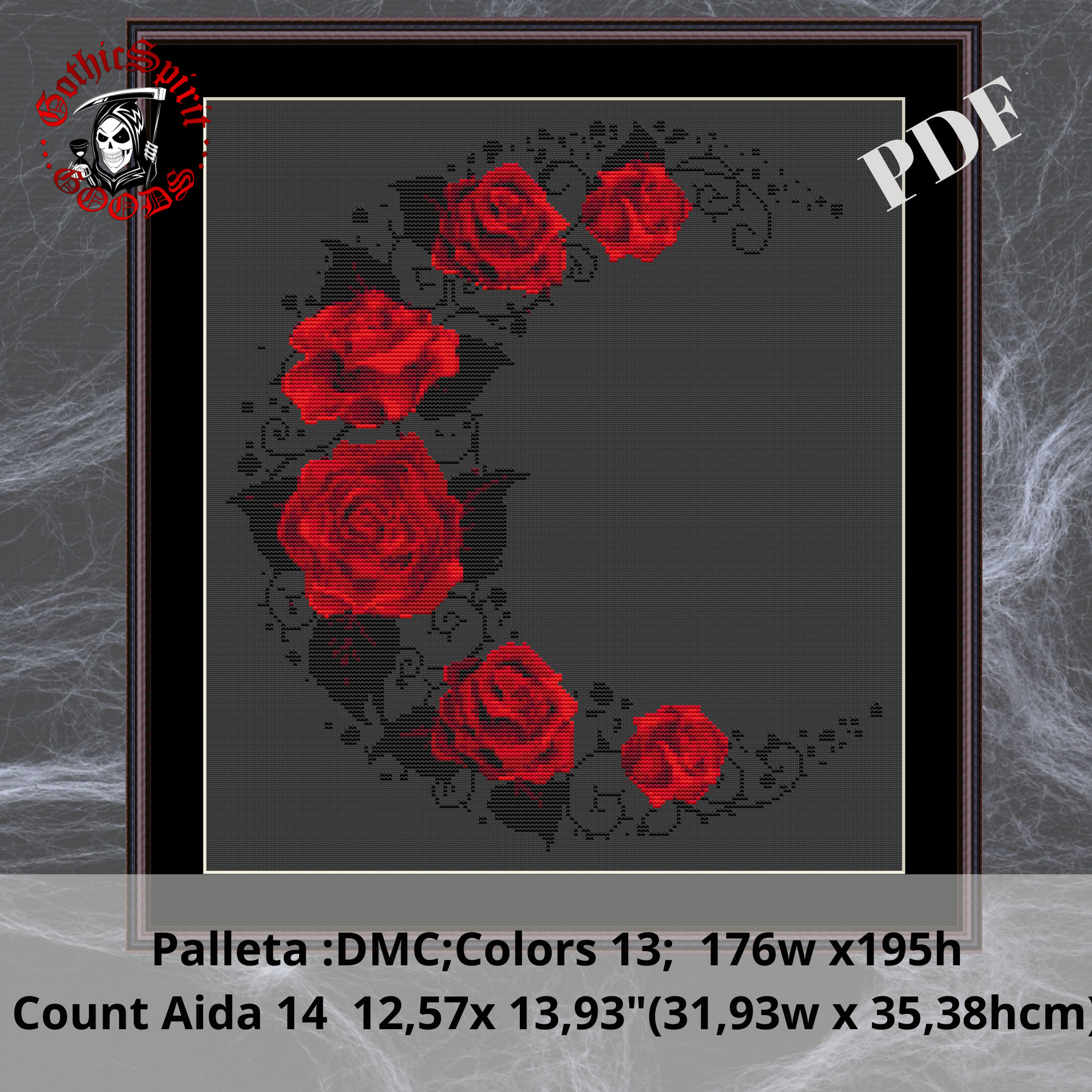 Luna of Roses Gothic Cross Stitch Pattern For Black Fabric  -  Easy ,  Modern