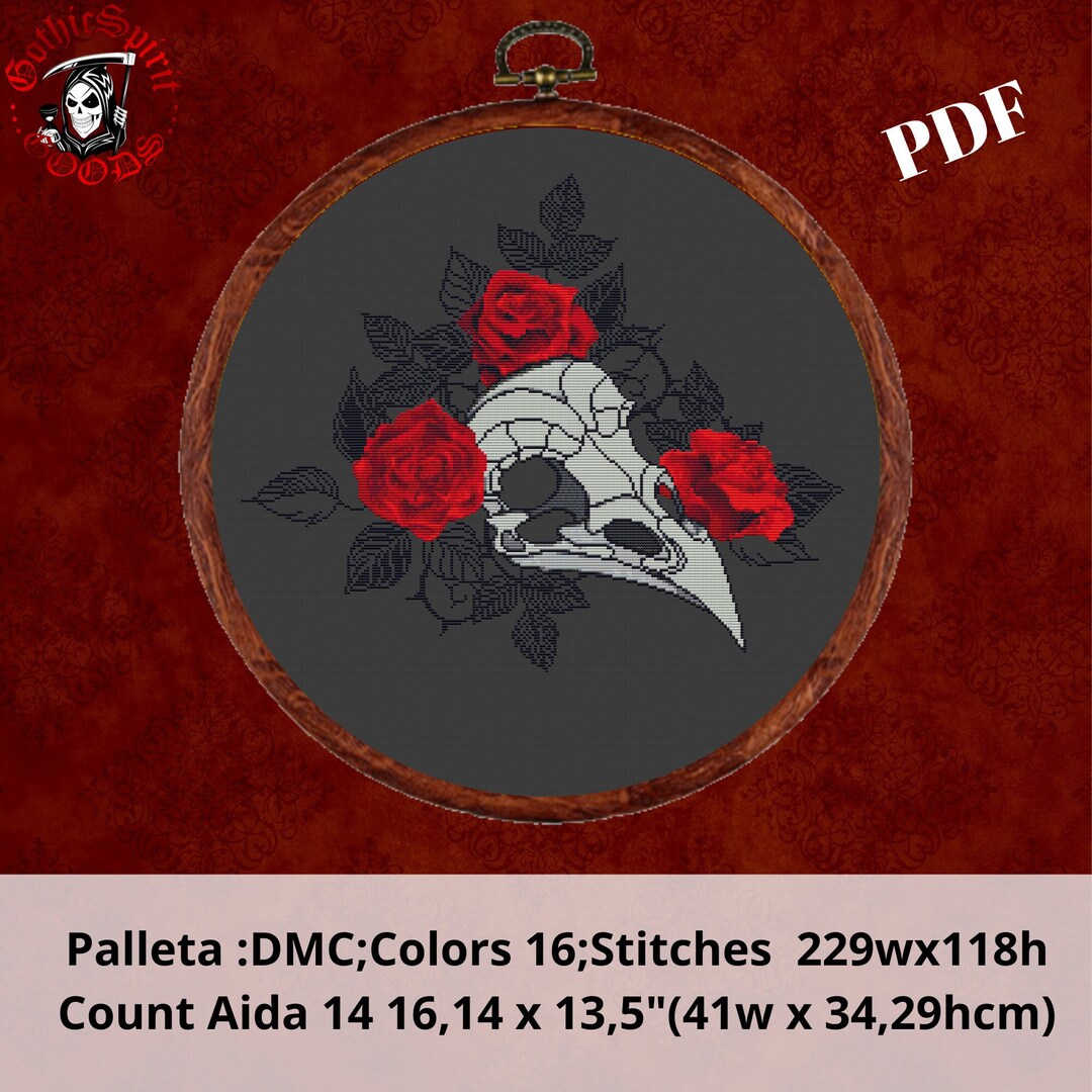 Bird Skull With Roses Gothic Cross Stitch Pattern for Black Fabric ...