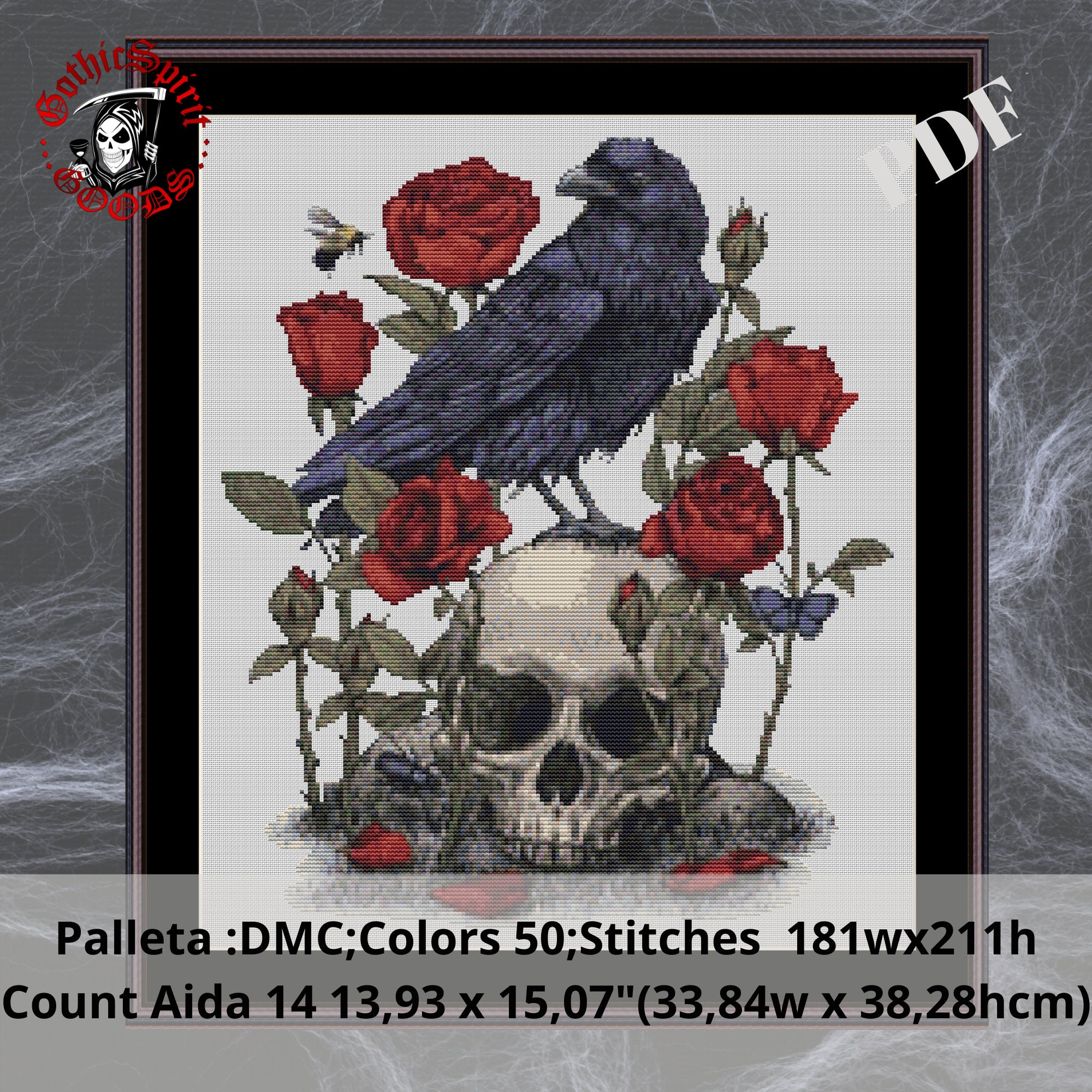 Raven , Skull With Roses Gothic Cross Stitch Pattern for Black Fabric ...