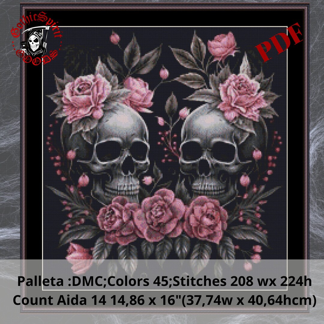 Gothic Skulls With Pink Roses , Gothic Cross Stitch Pattern for Black ...