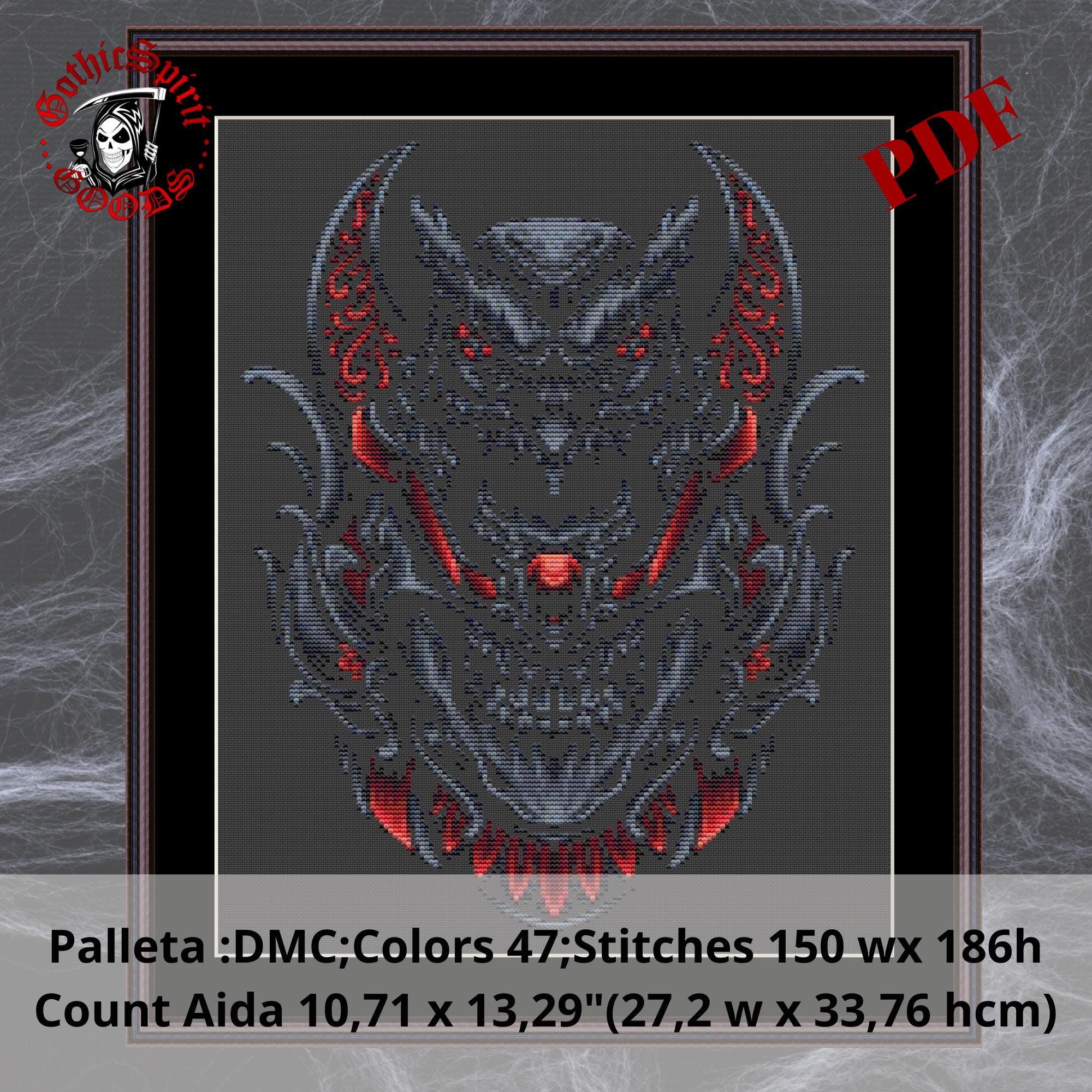 Owl,Skull,Moon - Gothic Cross Stitch Pattern For Black Fabric  -  Easy , Modern