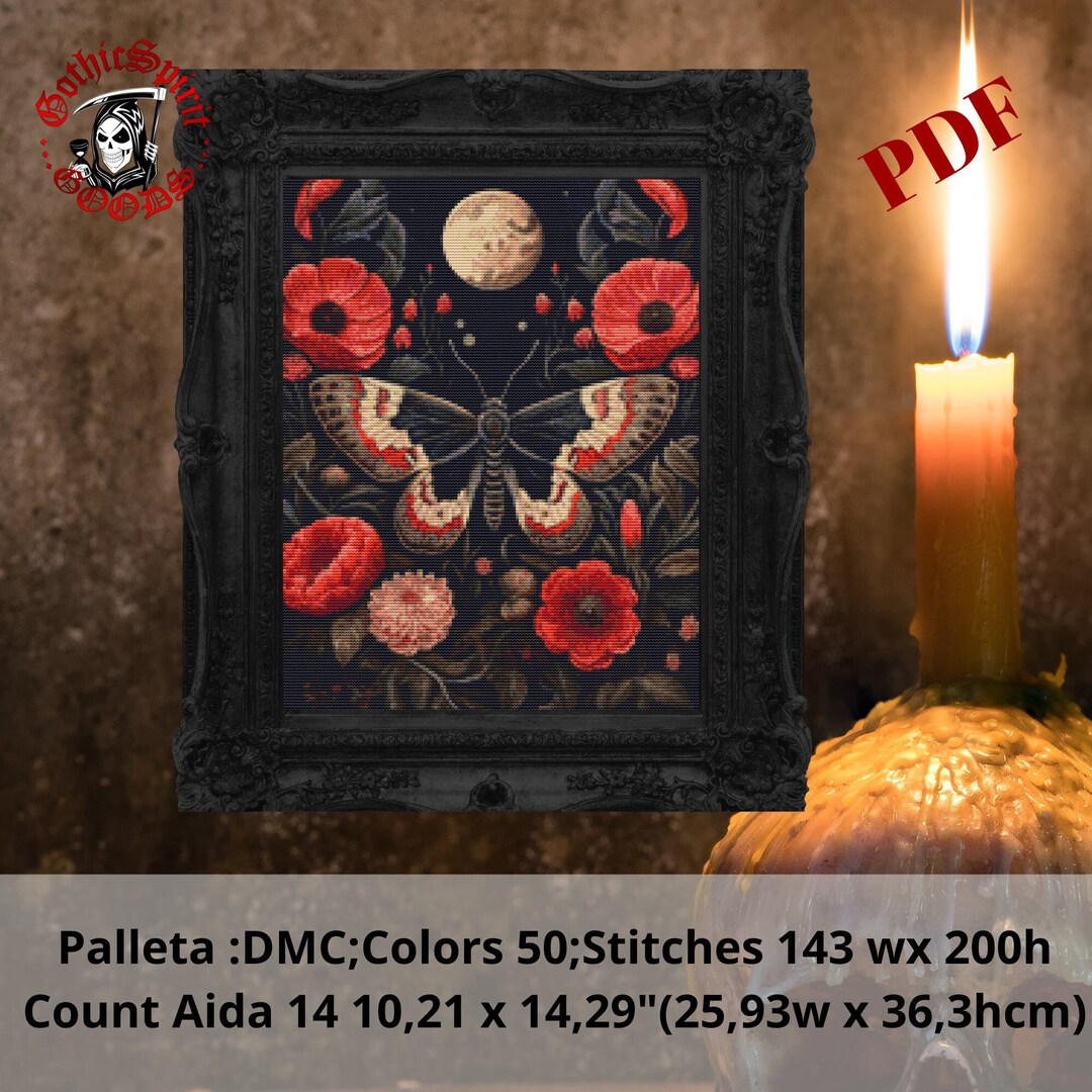 Gothic Botanical Moth, Gothic Cross Stitch Pattern for Black Fabric ...