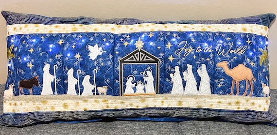 Nativity Bench Pillow – Christmas Decor with Lights