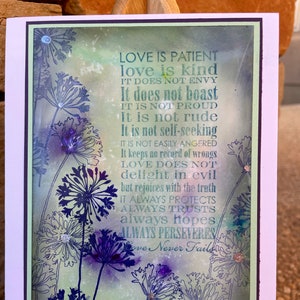 Tarjeta de felicitación de arte original usando pigmentos de pincel y tinta - Boda o tarjeta de aniversario - En blanco dentro - 1 Corintios 13:4-8 cita