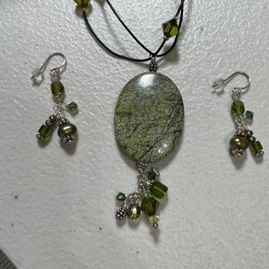 Natural Stone, Swarovski Olivine Crystal on Leather Pendant Necklace - Original Handmade Design