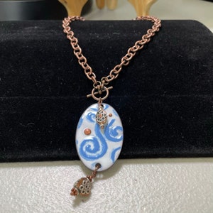 Blue Enameled Oval, Charm Pendant Necklace - Antique Copper Chain Pendant Necklace - Original Handmade Design