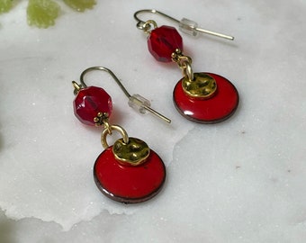 Red Enamel Dangle Earrings - Red Enamel Beaded Earrings - Original Handmade Design