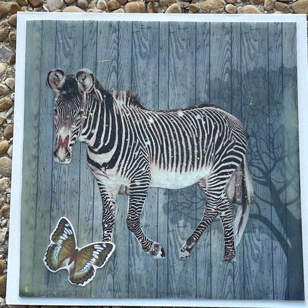 Original Art Greeting Card using Collage and Encaustics - All Occasion Card - Blank Inside - Zebra