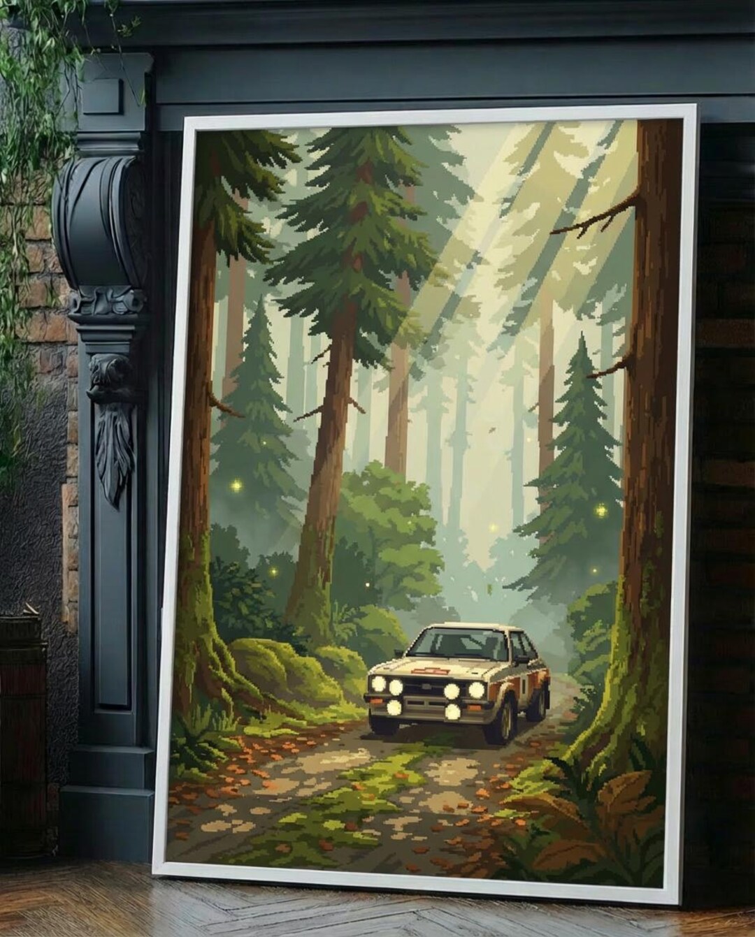 Pixel Art Rally Car Forest Poster - Cozy Misty Wooded Path Print ...