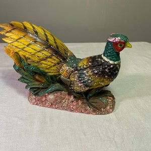 Kitschy 60s GLITTERED PHEASANT Artmark Ceramic 8” Statue Figurine With Shells, Glitter Mid Century Decor Bird