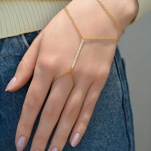 Minimal Zircon Hand Chain Bracelet • Dainty Gold Silver Slave Bracelet • Delicate Zirconia Hand Harness