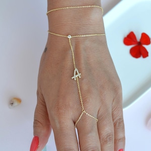Custom Letter Hand Chain Bracelet – Adjustable Initial Slave Bracelet – Gold or Silver Dainty Jewelry for Her