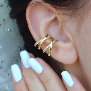 Geen piercing-oormanchet met meerdere rijen – gekruiste zirkoonhelix-manchet • Verstelbaar X-ontwerp-oormanchet – goud- en zilverkleurige nepkraakbeenoorbel
