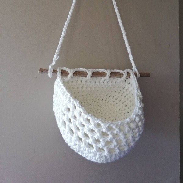 Panier à suspendre en coton, corbeille blanche avec tige de bambou, support mural bois pour plante verte, panier suspendu pour fruits