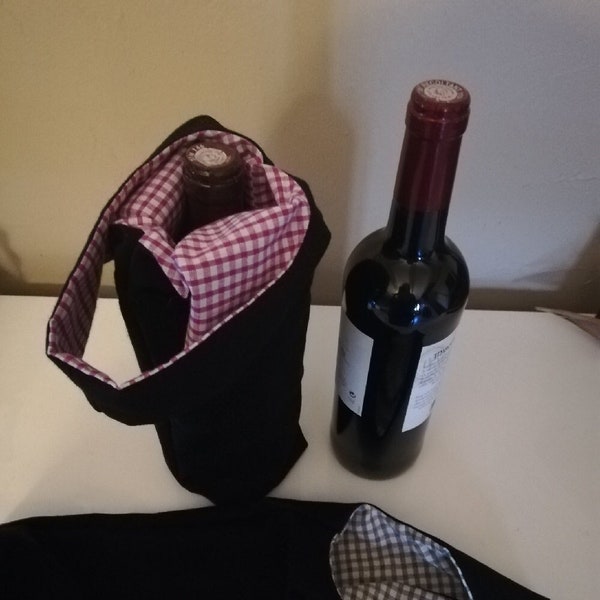 Sac à bouteille de vin, emballage bouteille reversible, sac vichy et noir, sac à vin vintage, furoshiki bouteille, cadeau de Noël original