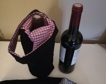 Sac à bouteille de vin, emballage bouteille reversible, sac vichy et noir, sac à vin vintage, furoshiki bouteille, cadeau de Noël original