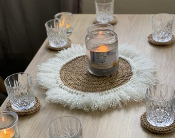 Centro de mesa redondo, decoración de mesa, mantel individual de yute tejido a crochet hecho a mano, posavasos a juego, tapete vintage, regalo boho chic para el hogar.