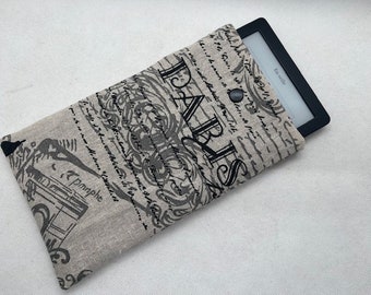 Kindle cover, Kobo case, digital e-reader storage, Paris fleece pouch for e-reader e-book, reader birthday gift