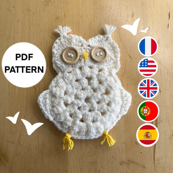 PATTERN ONLY, digital file to download, owl crochet pouch, owl pattern tutorial in French English Portuguese Spanish