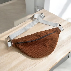 Sac banane en tissu velours côtelé, banane femme bandoulière réglable, sac banane doublé et zippé avec pochette intérieure, cadeau pour elle