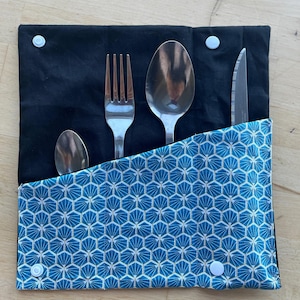 Cutlery pouch, waterproof fabric cutlery holder, cutlery case, picnic accessory, zero-waste gift, cutlery lunchbox Bleu géométrique