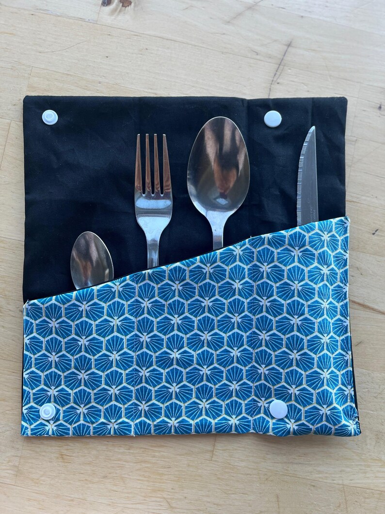 Cutlery pouch, waterproof fabric cutlery holder, cutlery case, picnic accessory, zero-waste gift, cutlery lunchbox Bleu géométrique