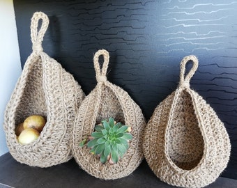 Jute hanging basket, kitchen storage basket, handmade crochet decorative hanging wall basket, vegetable and fruit storage