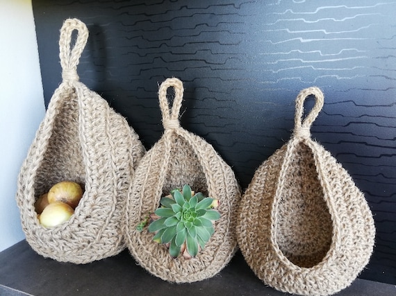 Panier à suspendre en jute, panier rangement cuisine, corbeille murale  décorative suspendue fait main au crochet, stockage légumes et fruits -   France