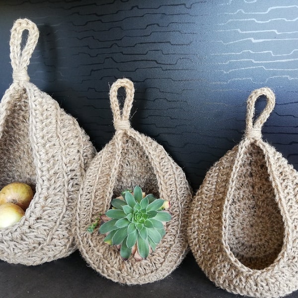 Panier à suspendre en jute, panier rangement cuisine, corbeille murale décorative suspendue fait main au crochet, stockage légumes et fruits