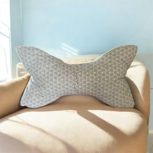 Peut inclure: Un oreiller en forme de papillon avec un motif bleu et blanc. L'oreiller est posé sur un canapé beige.