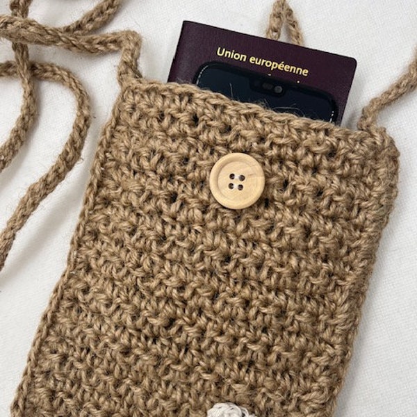 Petit sac téléphone portable, mini sac jute et fleur, étui nomade liseuse, pochette crossbody à bandoulière bohème, cadeau fête anniversaire