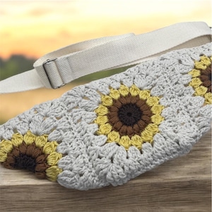 Riñonera de crochet, bolso de hombro ajustable, bolso con flor de girasol, bandolera cuadrada de abuelita, regalo hecho a mano para ella