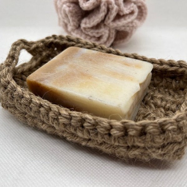 Porte-savon rectangulaire, support savon en jute au crochet, décoration naturelle minimaliste salle de bains, idée cadeau fête anniversaire