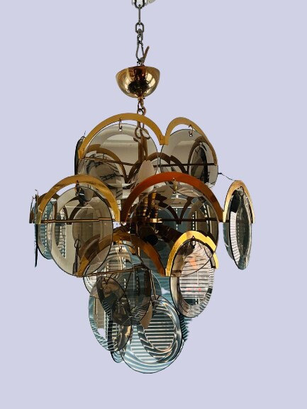 Large Vistosi style chandelier / Brass & Smoked glass /  Mid century Italian design