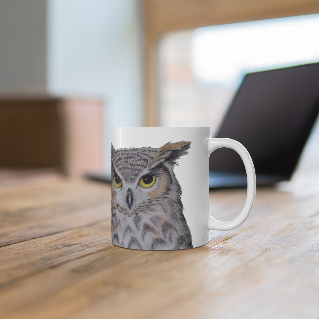 Great Horned Owl Mug: Owl Mug Featuring a Print of an Original Pencil and Ink Drawing