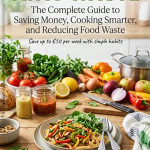 Peut inclure: Un livre intitulé ANTI-WASTE: The Complete Guide to Saving Money, Cooking Smarter, and Reducing Food Waste par Fabrice Renouleau. La couverture montre une table en bois avec une assiette de pâtes, des légumes frais, des bocaux et une casserole.